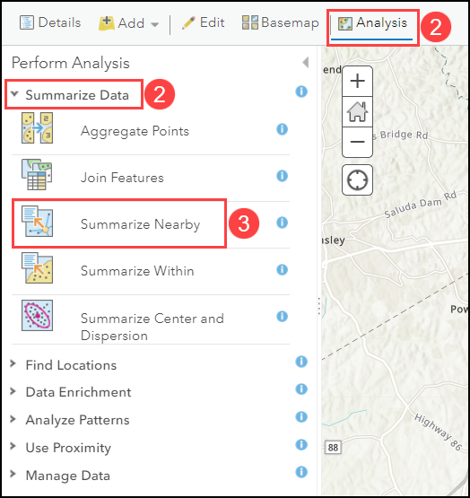 Navigating to the Summarize Nearby tool in ArcGIS Online Map Viewer Classic