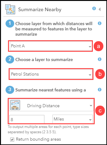 The first input layer is Point A and the second input layer is Petrol Stations. 8 miles is the Driving Distance