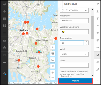 Editing the selected feature in the embedded web map