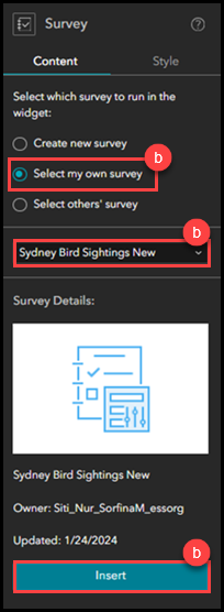 Selecting the existing survey in the Survey widget