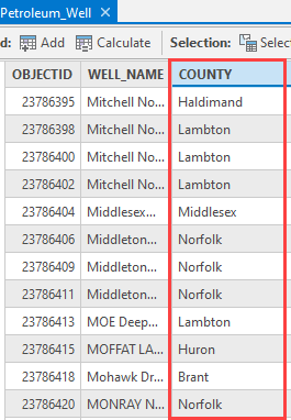 The COUNTY field in the attribute table.