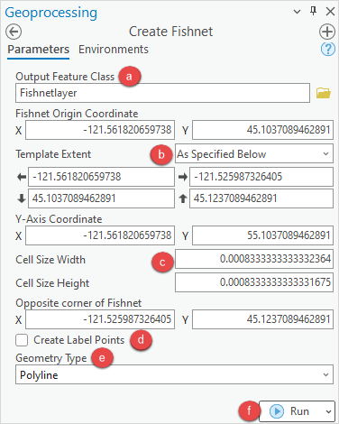 The Create Fishnet tool pane to be configured.