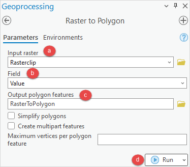 The Raster to Polygon tool pane to be configured.