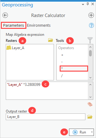 The Raster Calculator (Spatial Analyst Tool) pane to be configured in ArcGIS Pro.