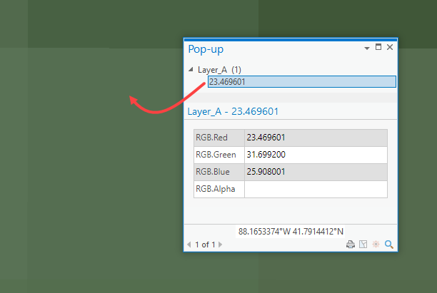 Pop-up displaying a pixel value in ArcGIS Pro.