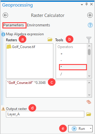 The Raster Calculator (Spatial Analyst Tool) pane to be configured in ArcGIS Pro.