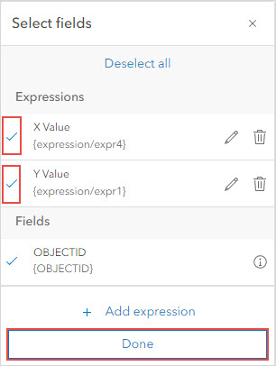 The field values in the Select fields pane.