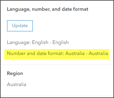 The Number and date format in My settings set to Australia