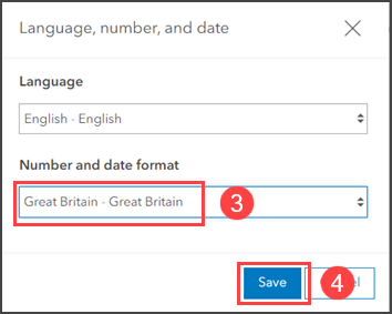 Selecting a different locale for the Number and date format parameter