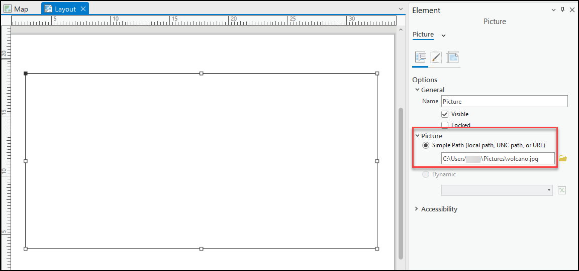 The copied image is not visible in the layout but the path is retained in the Element pane.