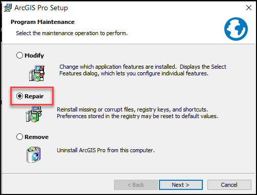 The Repair option being selected to repair ArcGIS Pro.