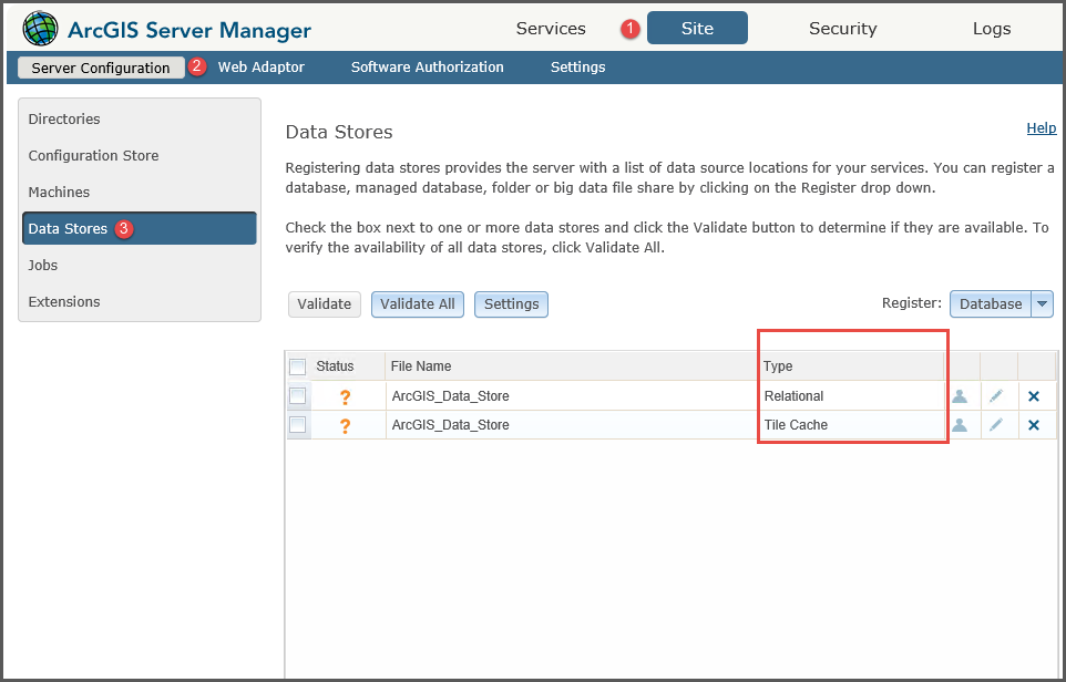 The Data Store page in ArcGIS Server Manager