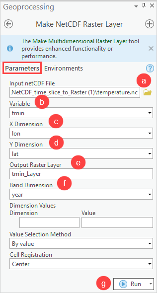 The Make NetCDF Raster Layer pane to be configured in ArcGIS Pro.