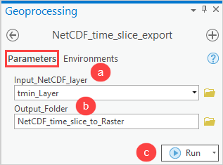 The NetCDF_time_slice_export scipt tool pane to be configured in ArcGIS Pro.