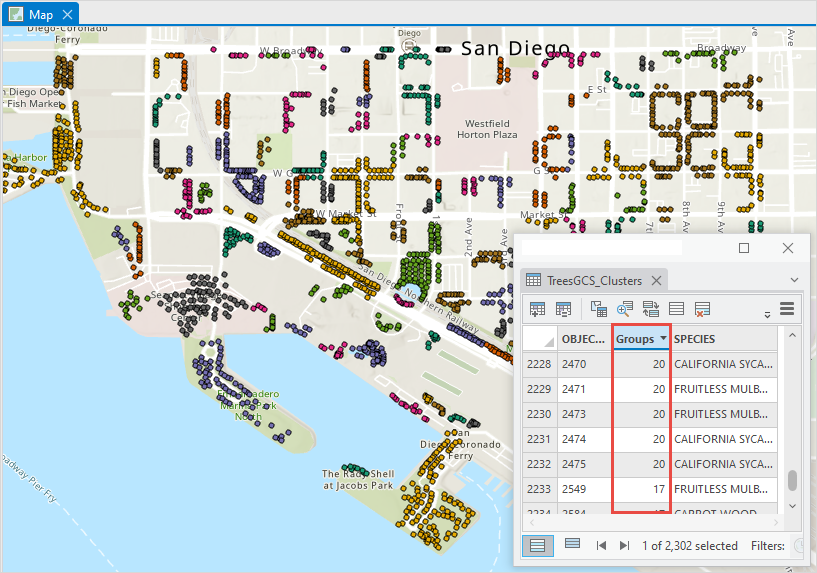 Point features with different attribute values in the ArcGIS Pro map.