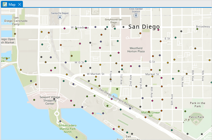 The point features are not overlapped or clustered in the ArcGIS Pro map.