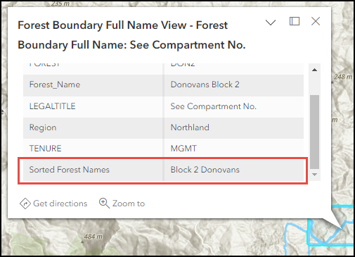 The pop-up displaying the newly added Sorted Forest Names field in ArcGIS Online Map Viewer