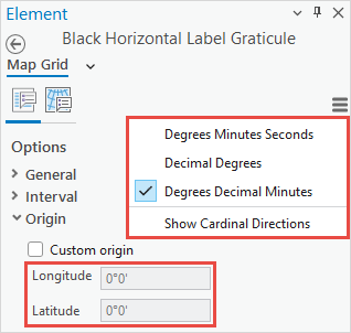 Black Horizontal Label Graticule is configured in the Element pane.