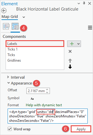 Black Horizontal Label Graticule is configured in the Element pane.