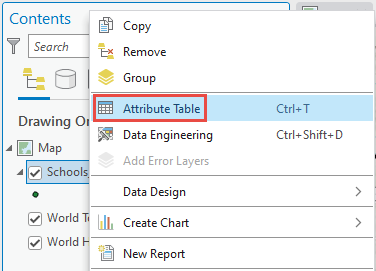 Opening the attribute table of the feature class from the Contents pane