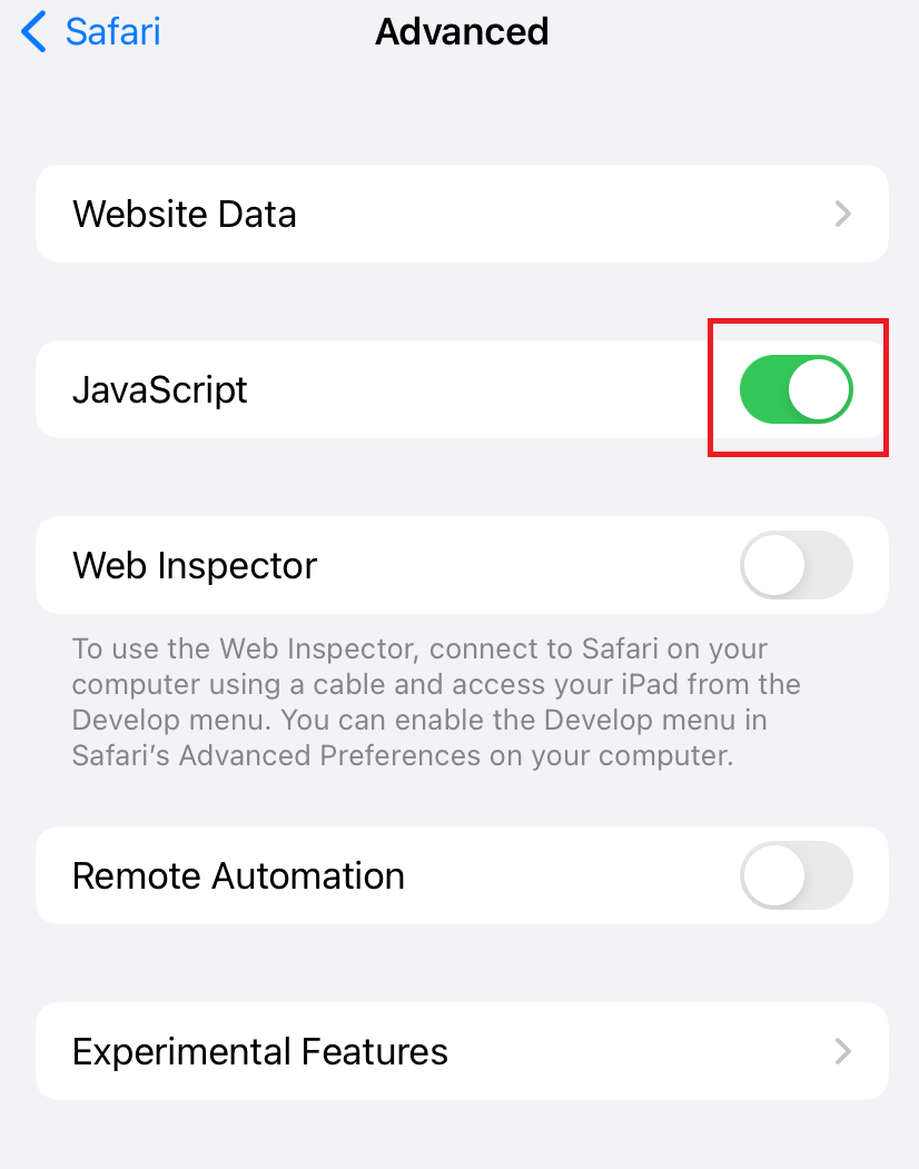 enabling JavaScript in Safari