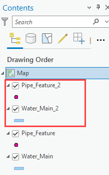 The Pipe_Feature_2 and Water_Main_2 feature layers in the Contents pane.