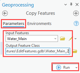 The parameters under the Parameters tab in the Copy Features pane.