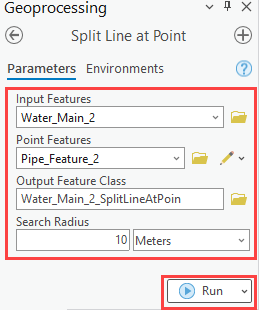 The parameters under the Parameters tab in the Split Line at Point pane.