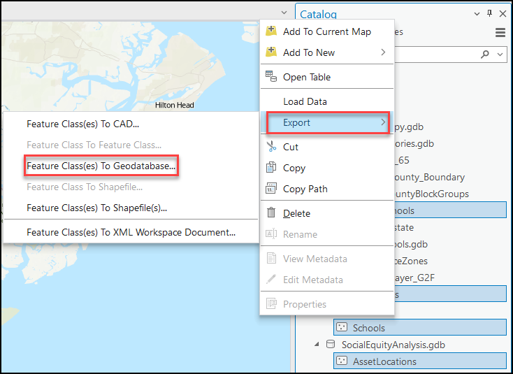The feature classes from multiple file geodatabases being exported to a new file geodatabase.