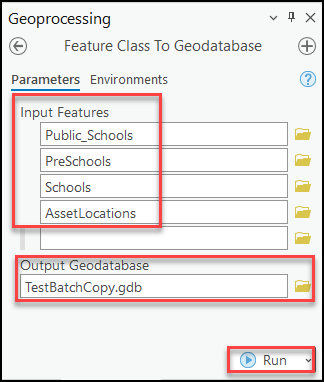 The feature classes being added for the export in the Feature Class To Geodatabase pane.