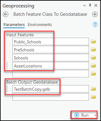 The feature classes from multiple file geodatabases being added to a new file geodatabase.