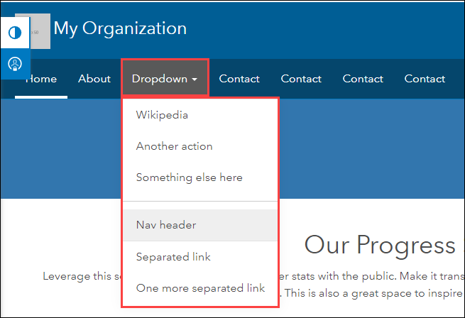 The ArcGIS Hub site's navigation header and the drop-down menu.