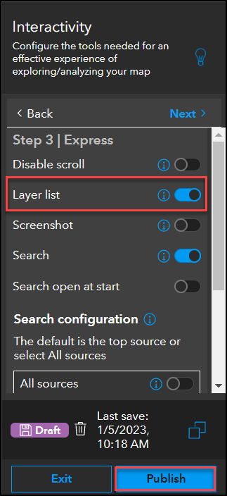The Layer list being toggled on in the Interactivity pane in ArcGIS Instant Apps.