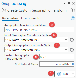 The Create Custom Geographic Transformation tool pane to be configured.