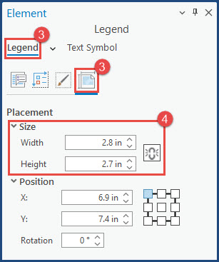The Width and Height settings for the legend's size in the Element pane.