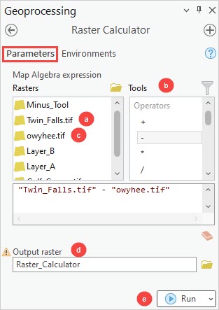 The Raster Calculator (Spatial Analyst Tool) pane to be configured in ArcGIS Pro.