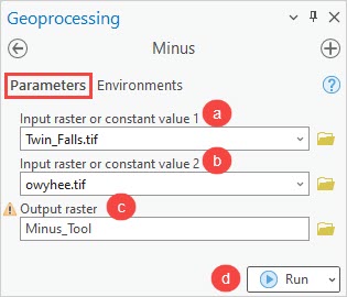 The Minus (Spatial Analyst Tool) pane to be configured in ArcGIS Pro.