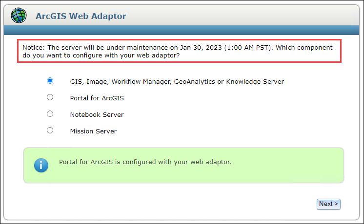 The ArcGIS Web Adaptor landing page with the updated message.