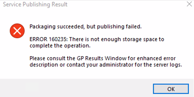 The error message returned when attempting to publish a feature service or web layer to ArcGIS Server