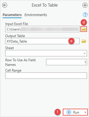 The parameters in the Excel To Table pane.