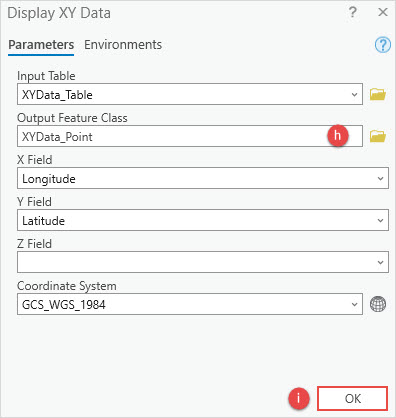 The parameters in the Display XY Data window.