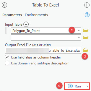 The Table To Excel parameters configured.