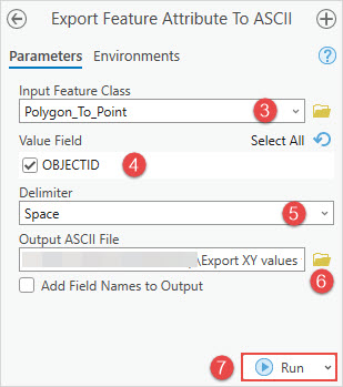 The Export Feature Attribute To ASCII tool parameters configured.