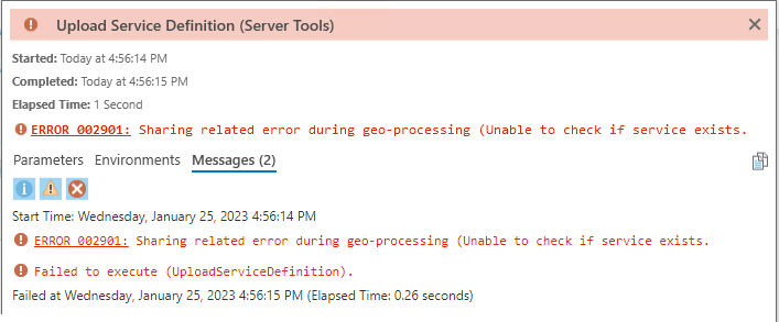 The error message returned when attepting to upload a service definition