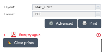 The error message returned when attempting to print a web map in ArcGIS Web AppBuilder