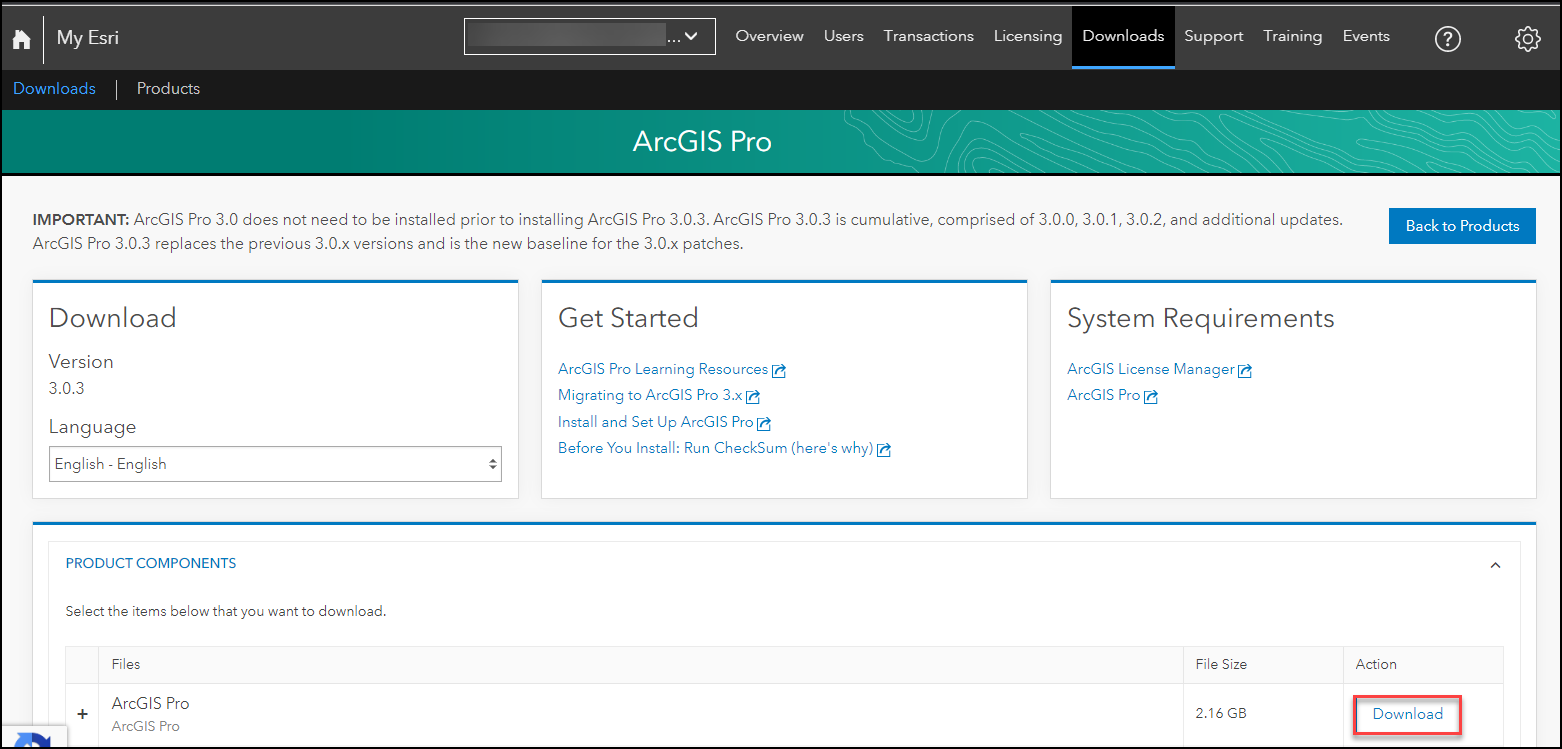 The image of the Download button for the desired ArcGIS software.