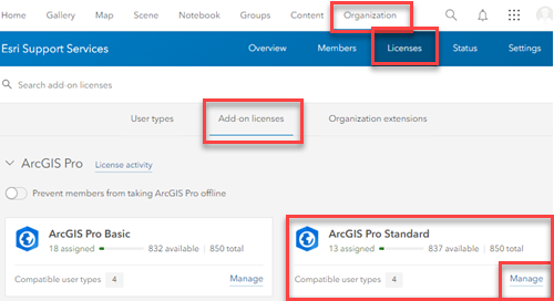 The Add-on licenses tab in ArcGIS Online.