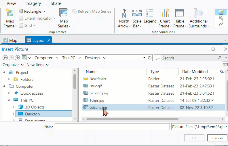 The selected picture being able to be viewed in the layout in ArcGIS Pro.