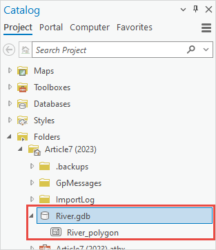 The file geodatabase in the Catalog pane in ArcGIS Pro.