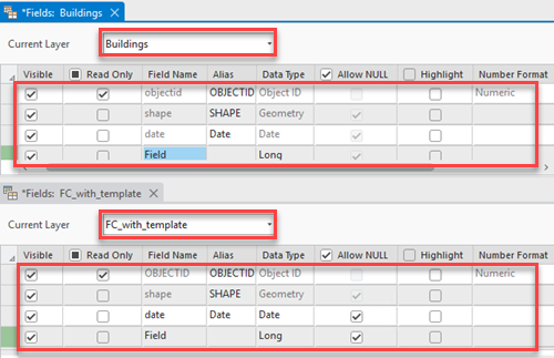 The feature service (image at the top) and feature class (image at the bottom) with the same schema in fields views.